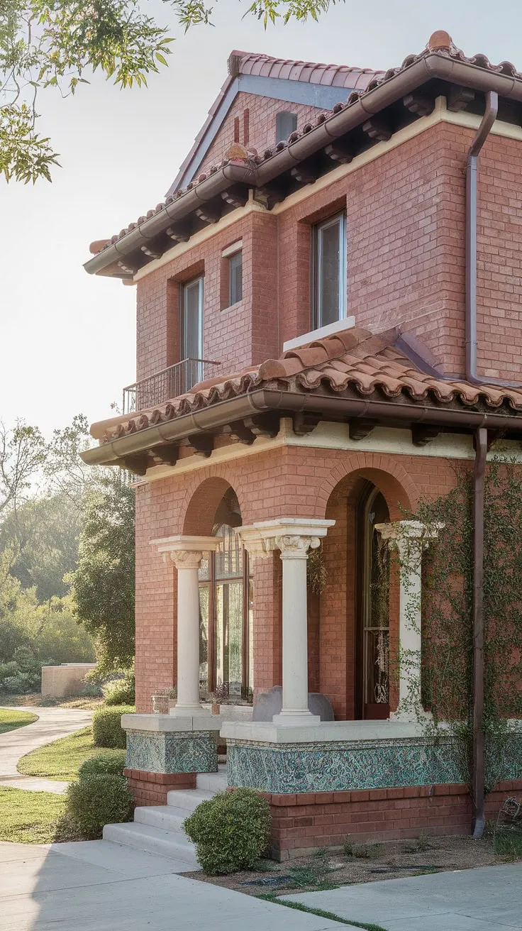 Elegant Spanish-style architecture blends red brick, terracotta, and white columns against a tranquil landscape
