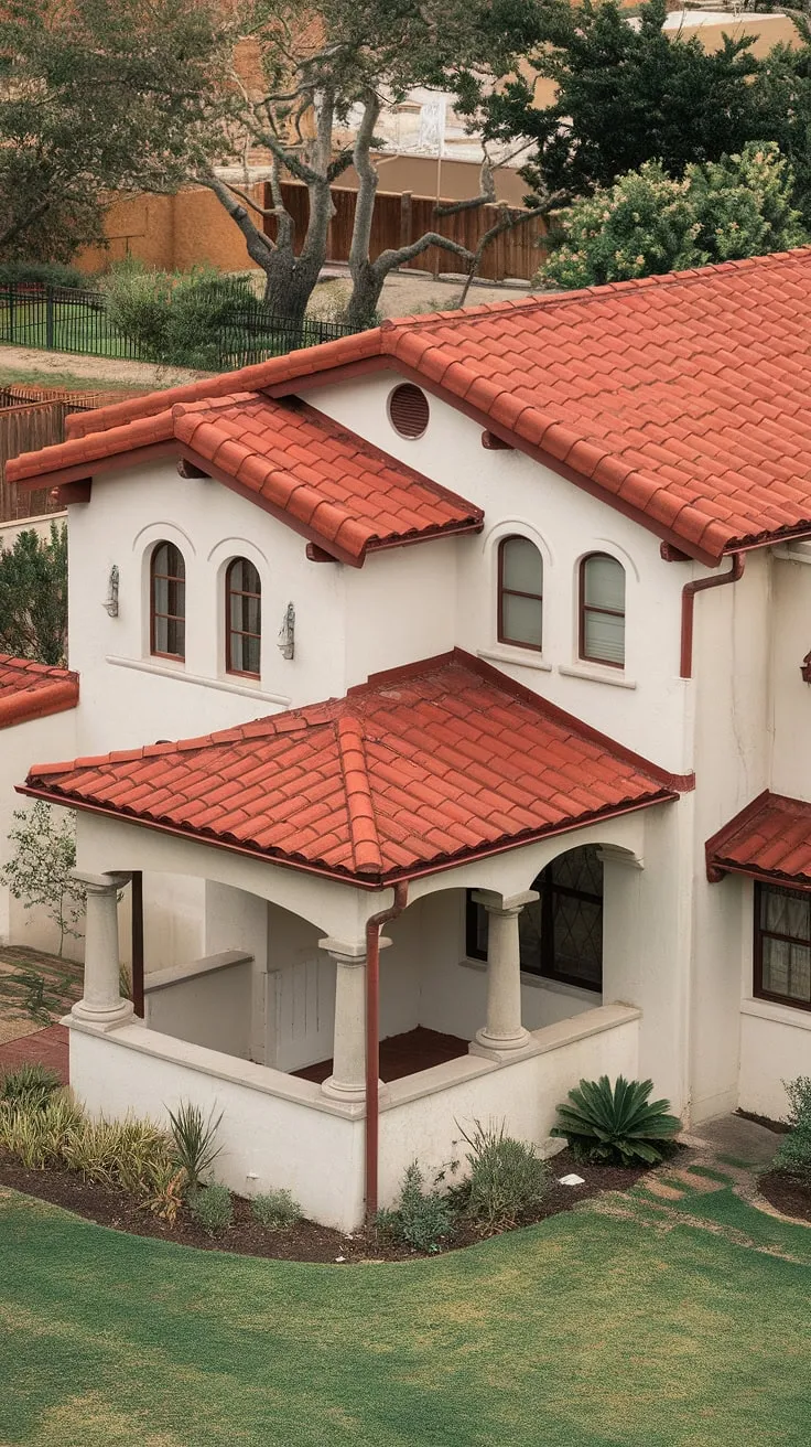 A charming Spanish-style bungalow, with red tile roofs and white stucco walls, sits nestled amongst vibrant greenery.