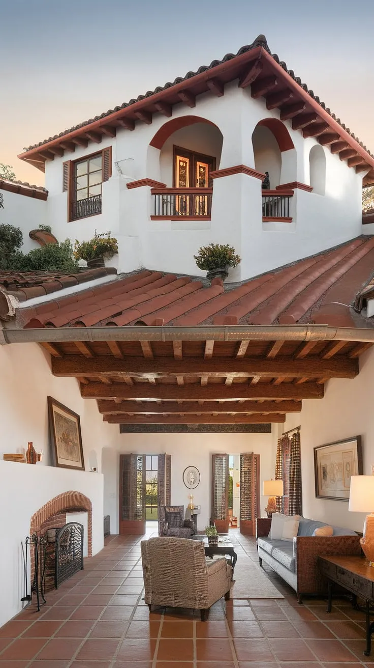 Elegant Spanish Colonial architecture defines this California bungalow, showcasing red tile roofs, arched details, and warm terracotta floors.