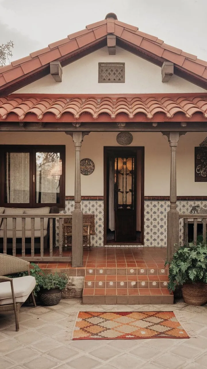 This charming Spanish bungalow, adorned with a red-tiled roof and whitewashed walls, serves as a serene retreat that beautifully blends timeless elegance with inviting comfort.