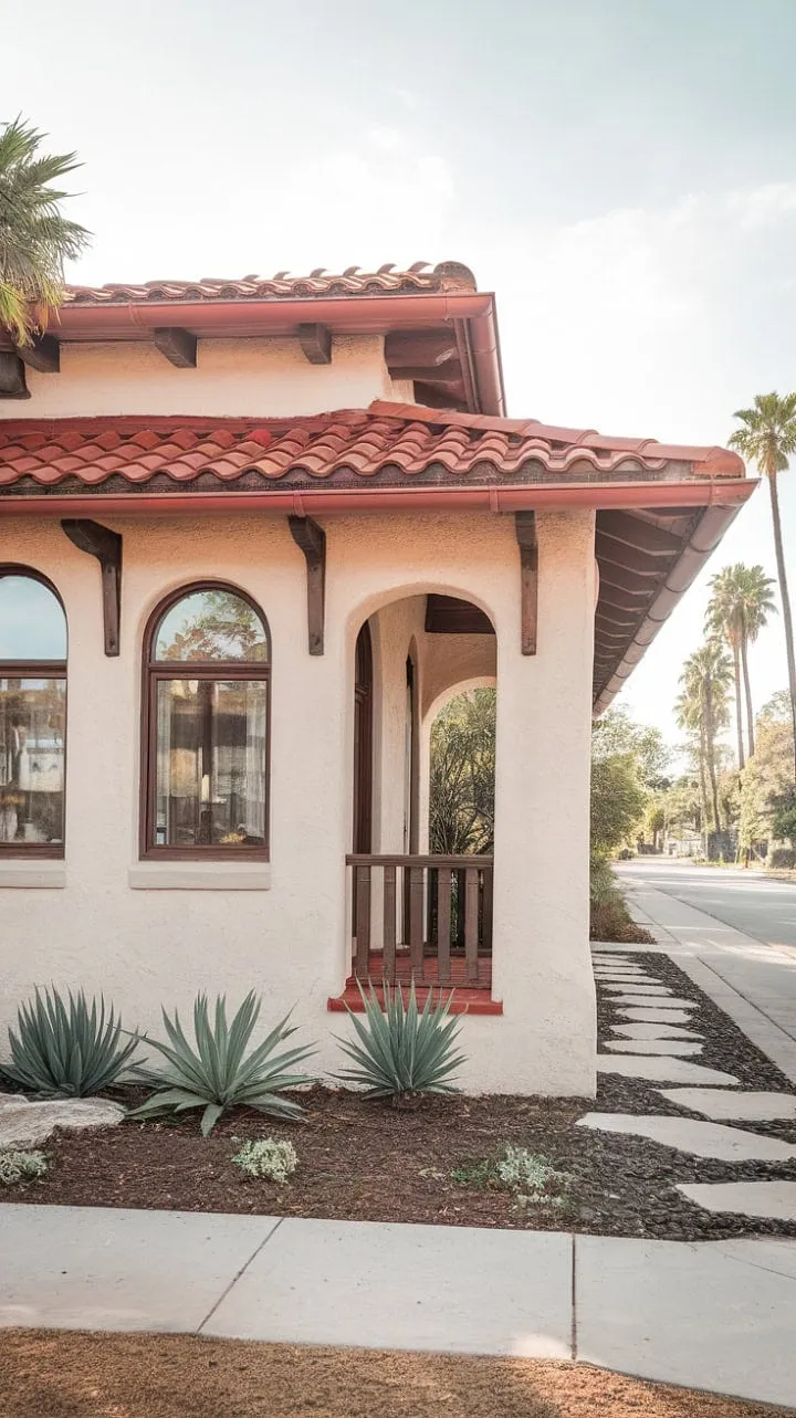 This charming Spanish-style bungalow, adorned with a vibrant red roof and lush landscaping, offers a picturesque retreat that epitomizes relaxed living.