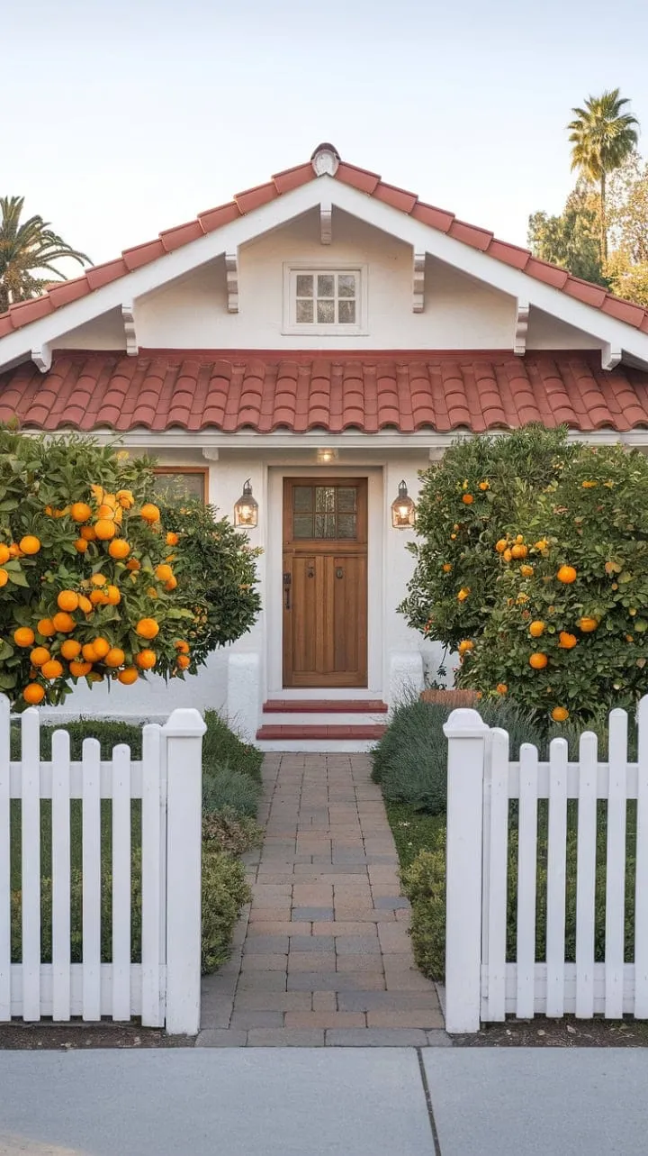 Nestled behind a charming white picket fence, this California Spanish-style home offers a serene retreat filled with the sweet scent of orange blossoms and the warmth of sun-drenched gardens.