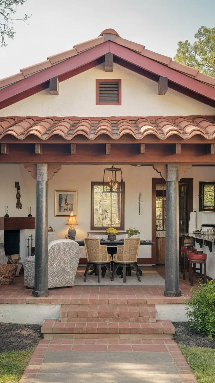 Nestled in a charming Spanish bungalow, a serene retreat beckons with sunlit rooms adorned in authentic style, where the soothing sounds of ceramic tiles and a cozy fireplace invite you to unwind in relaxed sophistication.