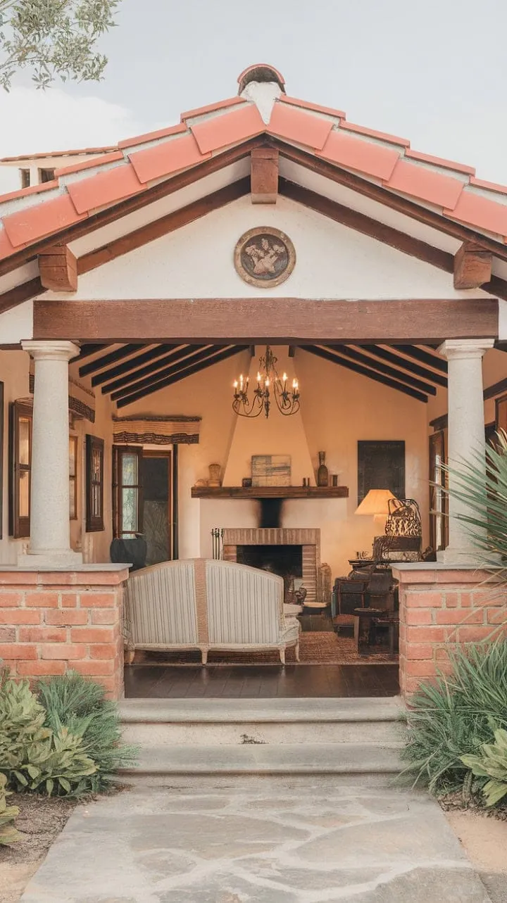 This charming Spanish bungalow, with its inviting blend of rustic beams and elegant decor, offers a serene retreat bathed in sunlight.