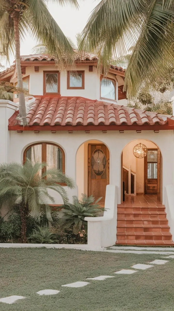This enchanting Spanish bungalow, adorned with arches and a red-tiled roof, offers a serene retreat steeped in sunlit charm and lush tropical beauty.