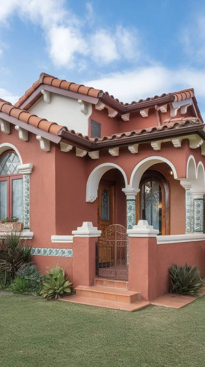 This enchanting California Spanish bungalow, illuminated by golden light, beautifully highlights handcrafted details and a serene outdoor setting that evoke the artistry of a bygone era.