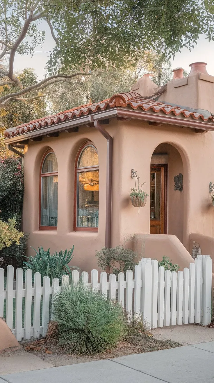 Enchanting Spanish-style adobe bungalow with red tile roof and arched doorways, nestled amidst lush greenery