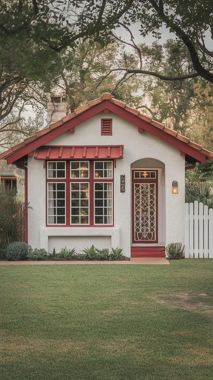 A charming Spanish bungalow, with its red roof and white walls, sits nestled amidst lush greenery and a white picket fence.