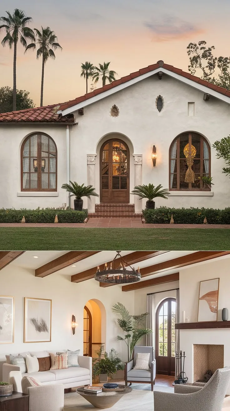 Elegant Spanish-style architecture blends white stucco, red tile, and arched details with lush landscaping and a warm, inviting interior.