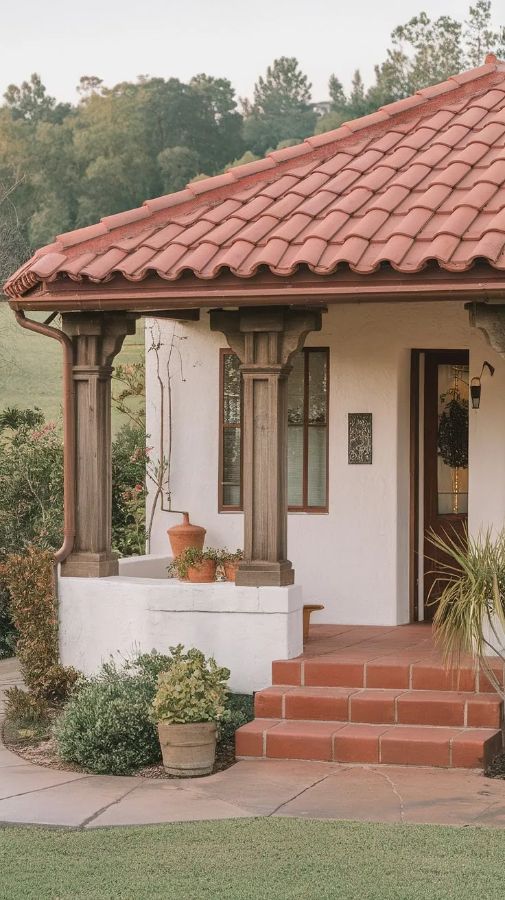 Classic Spanish architecture is evident in this sun-drenched bungalow with its red tile roof, white walls, and inviting porch.
