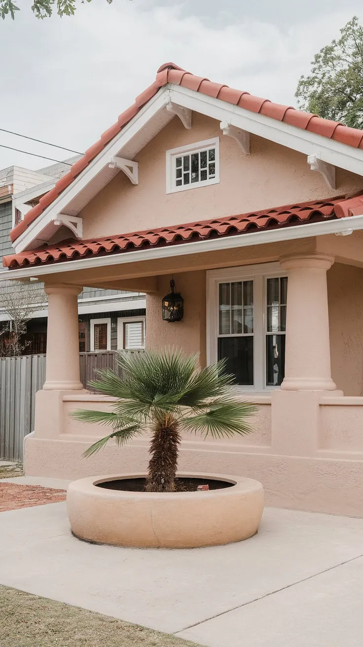 Elegant Spanish architecture is showcased in a stucco bungalow with a red tile roof and inviting porch featuring a palm tree planter