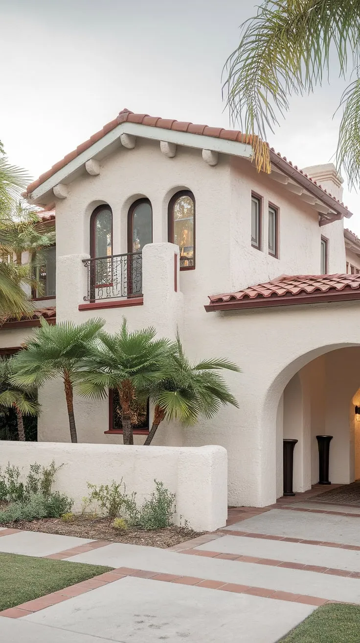 A California Spanish-style bungalow boasts white stucco, red tile, arches, and balconies, showcasing its Mediterranean charm.