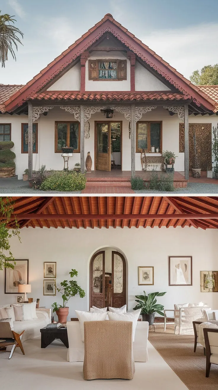 A charming Spanish bungalow boasts intricate carvings, a central courtyard, and a spacious, elegantly rustic interior.