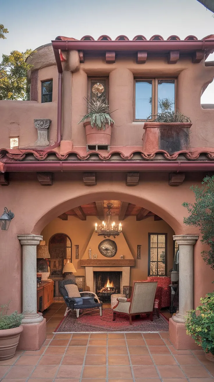 Elegant Spanish-style architecture blends adobe exterior and rich interior details in a California bungalow