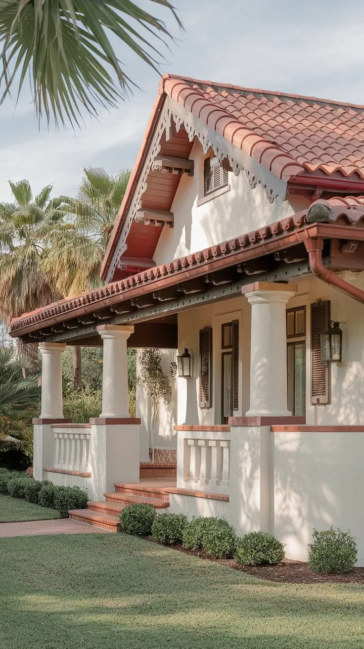 A picturesque Spanish bungalow, with its red tile roof, white walls, and charming porch, sits nestled amidst a lush, palm-tree filled landscape.
