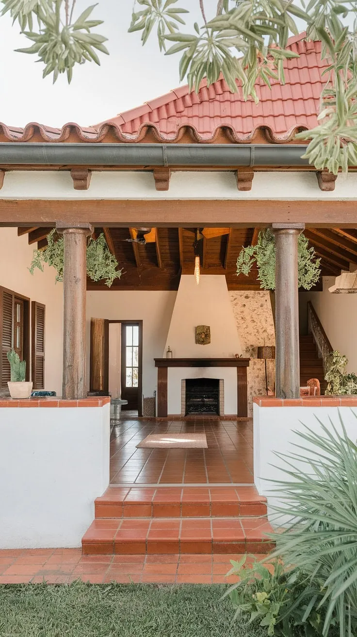 A Spanish bungalow's red-tiled roof, white walls, and wooden interior create an inviting and elegant atmosphere.