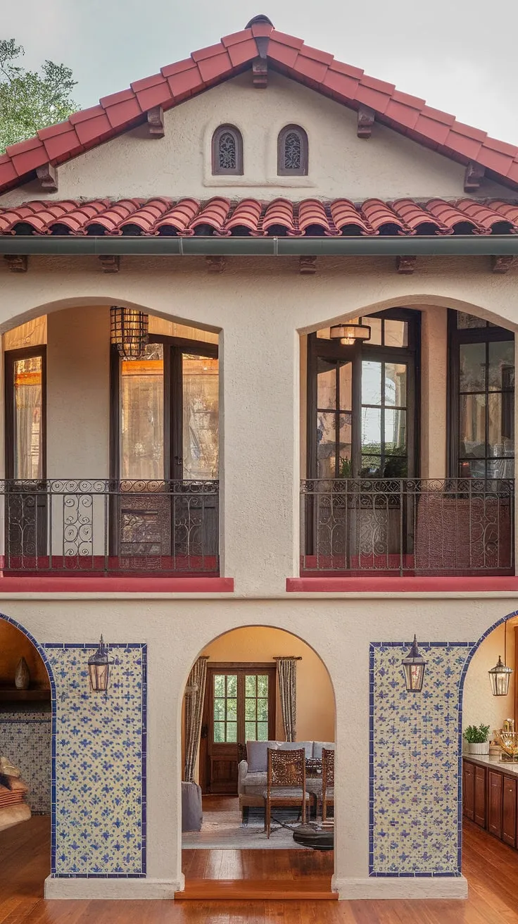 Elegant Spanish bungalow architecture boasts arched windows, red tile roofing, and hardwood floors.