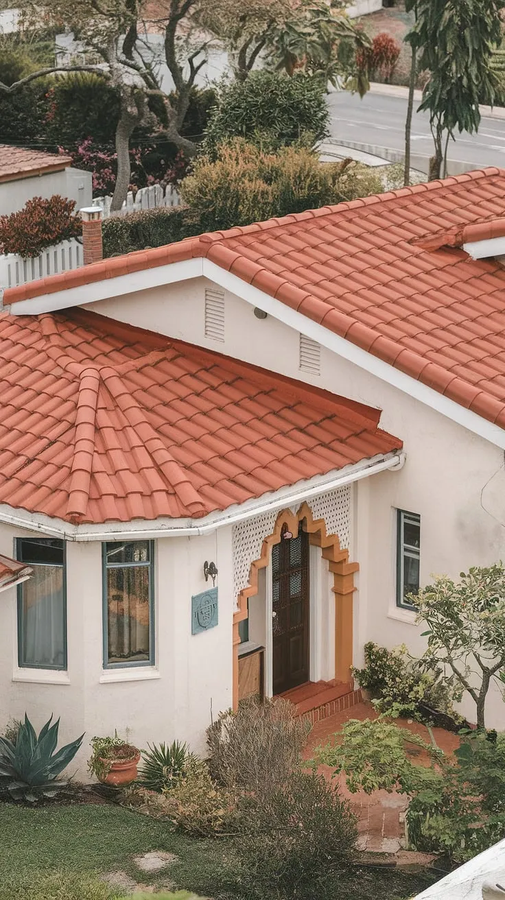 Spanish-style architecture shines in this idyllic bungalow, surrounded by lush greenery and neighboring homes.