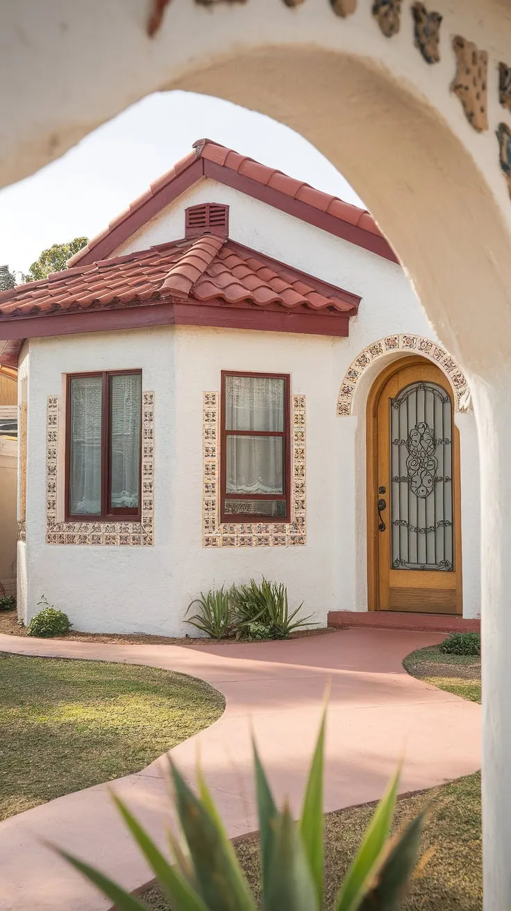 Low-angle view highlights the charming Spanish bungalow's arched entry and tiled details