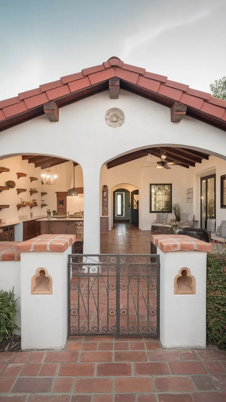 Elegant Spanish-style architecture blends indoor and outdoor living spaces with terracotta floors and high ceilings