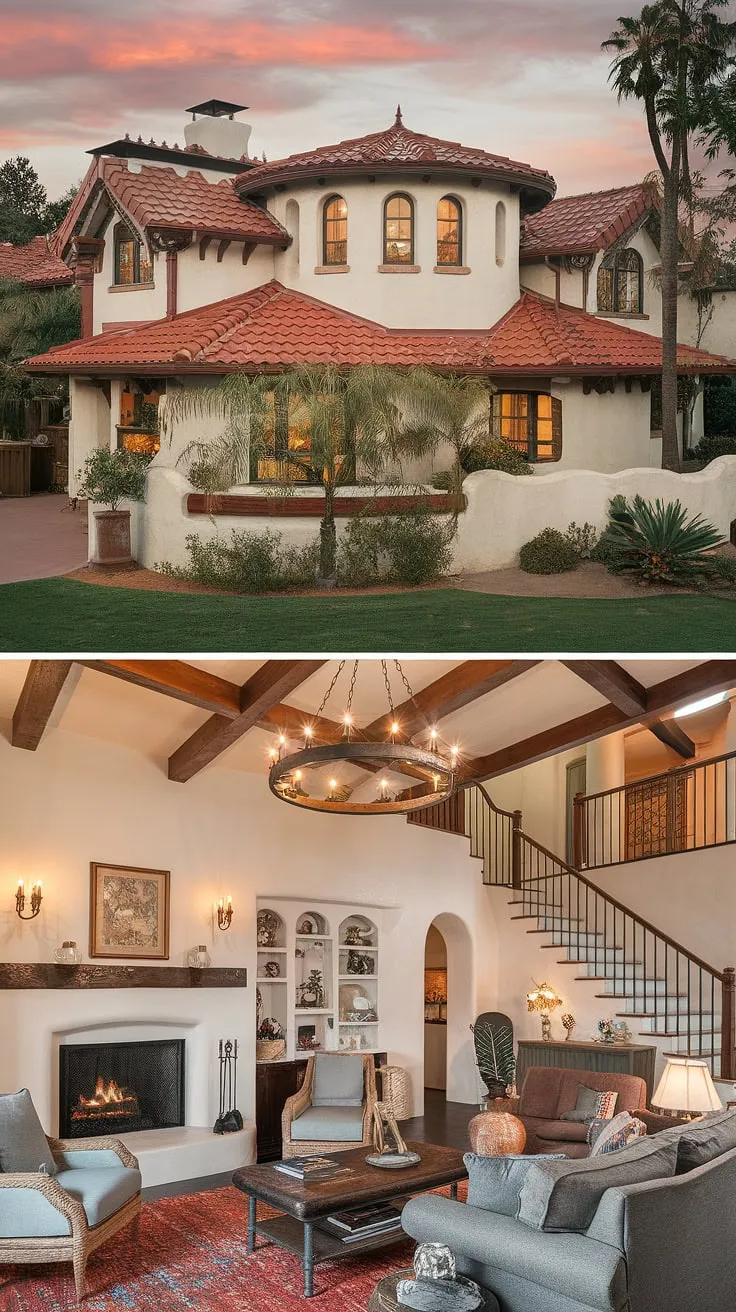 California Spanish-style bungalow, boasting a round turret and lush landscaping, offers both exterior charm and a cozy, fireplace-centered interior.