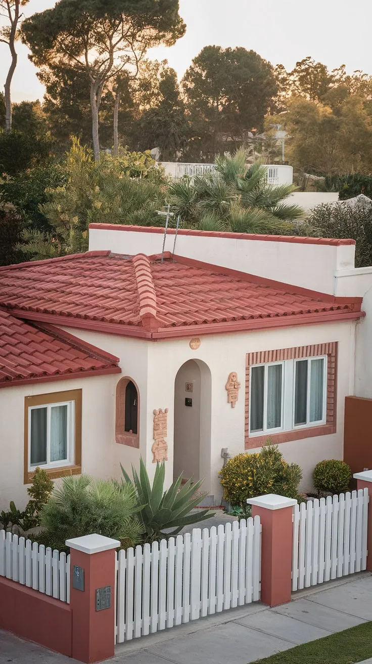 A charming Spanish bungalow, with its red tile roof and whitewashed walls, sits nestled amongst lush greenery and a picket fence.