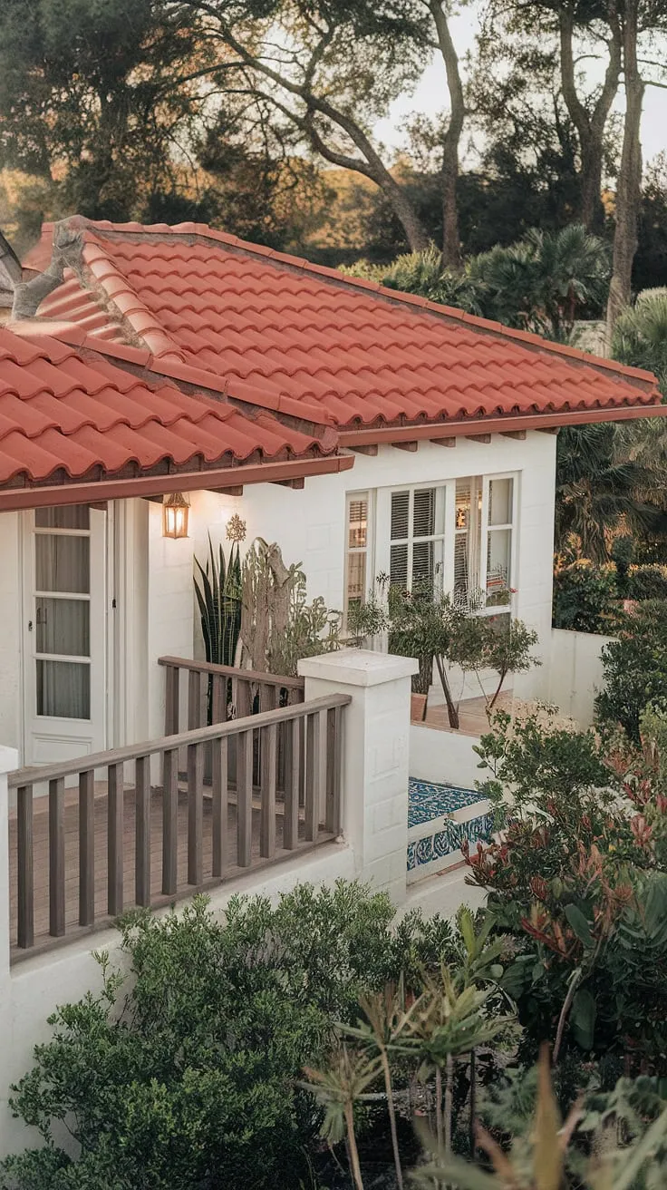 A picturesque Spanish bungalow, with its red tile roof and white walls, nestles amidst lush greenery and towering trees.