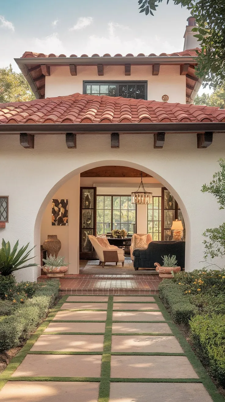 A red-tiled roof and whitewashed walls highlight the picturesque Spanish bungalow's exterior beauty.