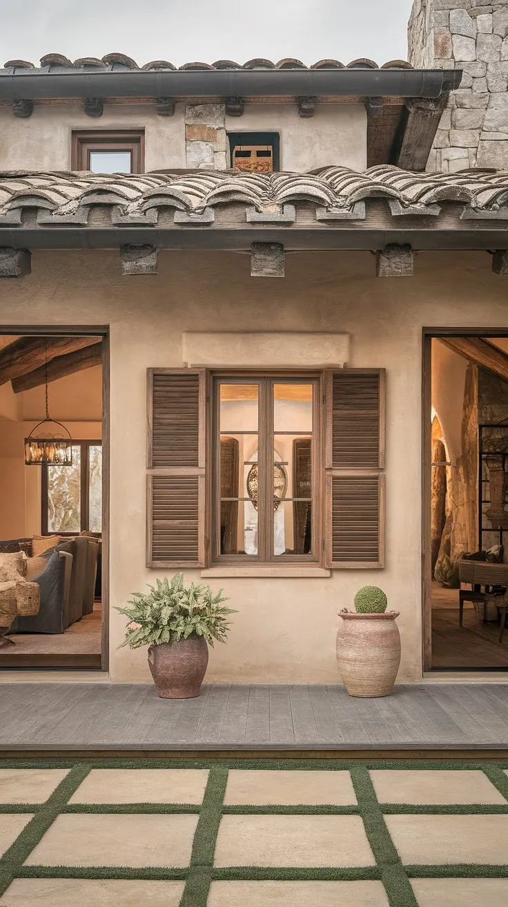 A warm, inviting modern Spanish colonial home boasts a thatched roof, stone walls, wooden beams, and a charming patio, blending traditional design with contemporary elements.