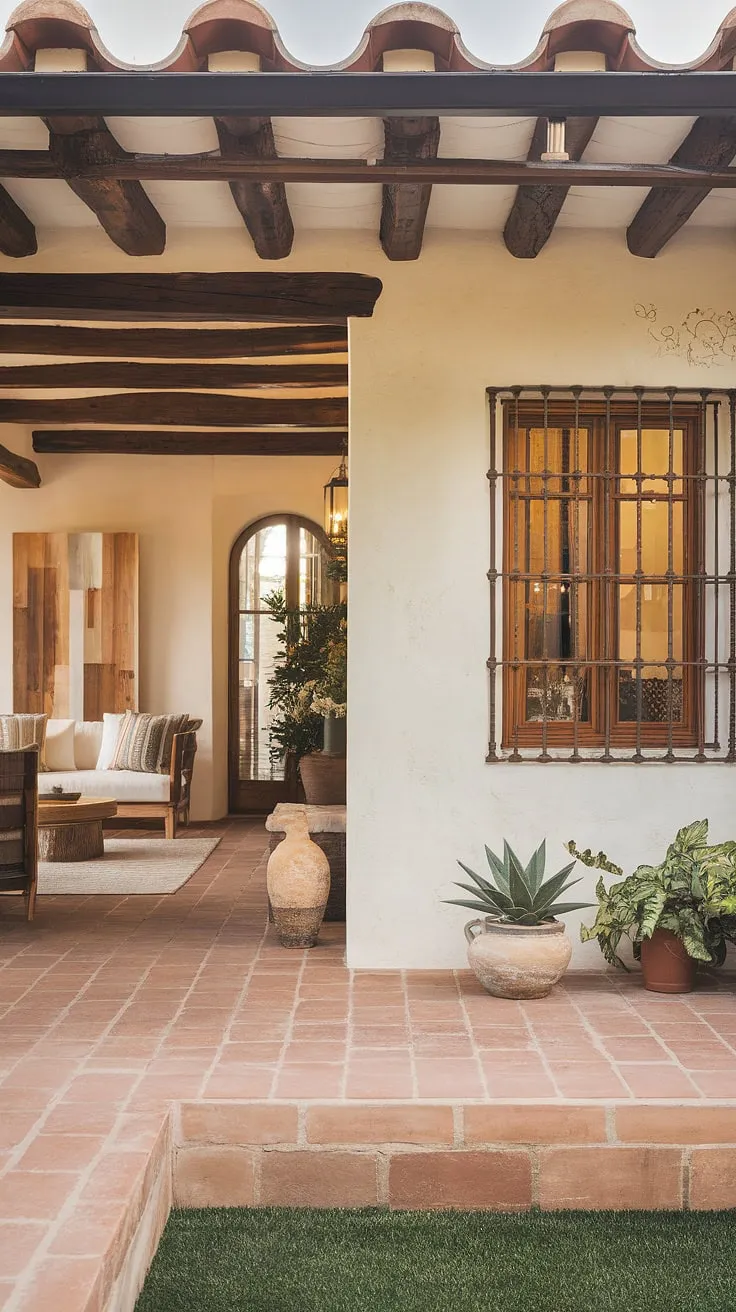 A Spanish colonial home's interior showcases terracotta floors, white walls, and wooden beams, creating a warm Mediterranean atmosphere.