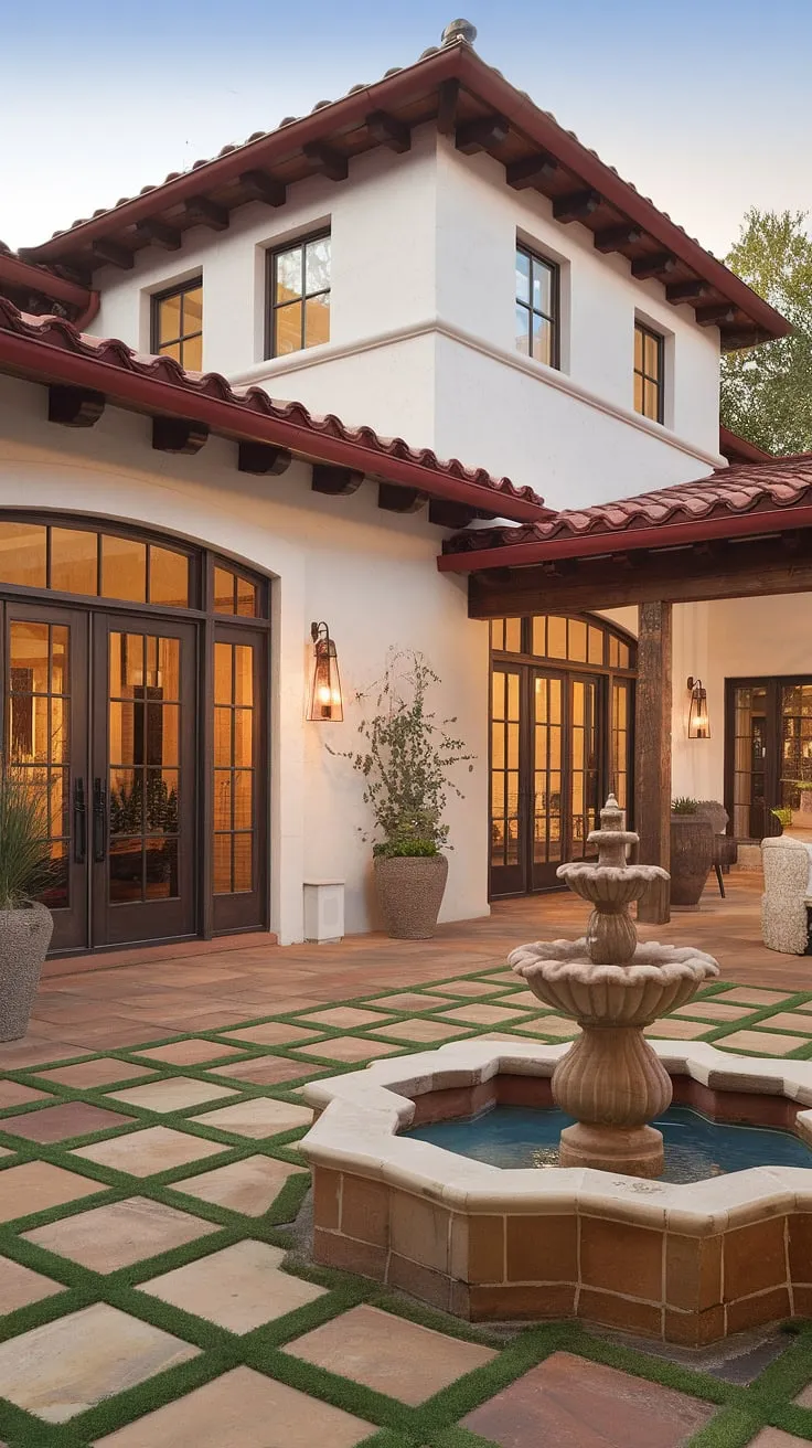 A white-walled, red-roofed Spanish home features a captivating blend of traditional and contemporary design elements, creating a welcoming atmosphere.