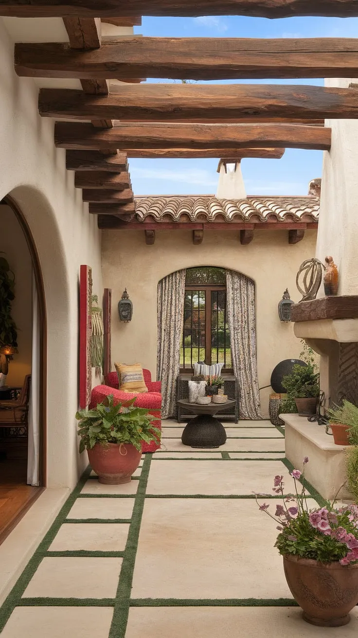 A Spanish colonial home blends modern design with traditional elements like a stone fireplace and vibrant patio for a captivating aesthetic.