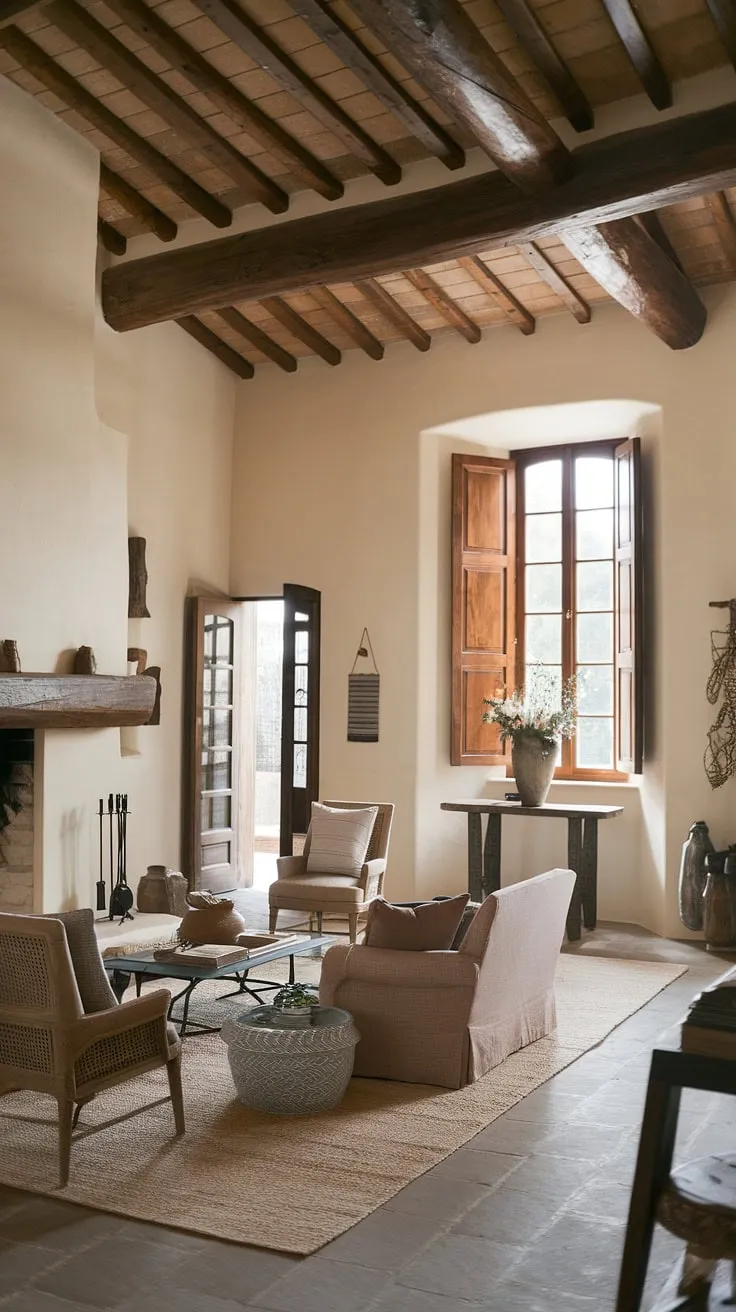 A Spanish colonial home's interior evokes a sense of calm with its high ceilings, wooden beams, and soft lighting.