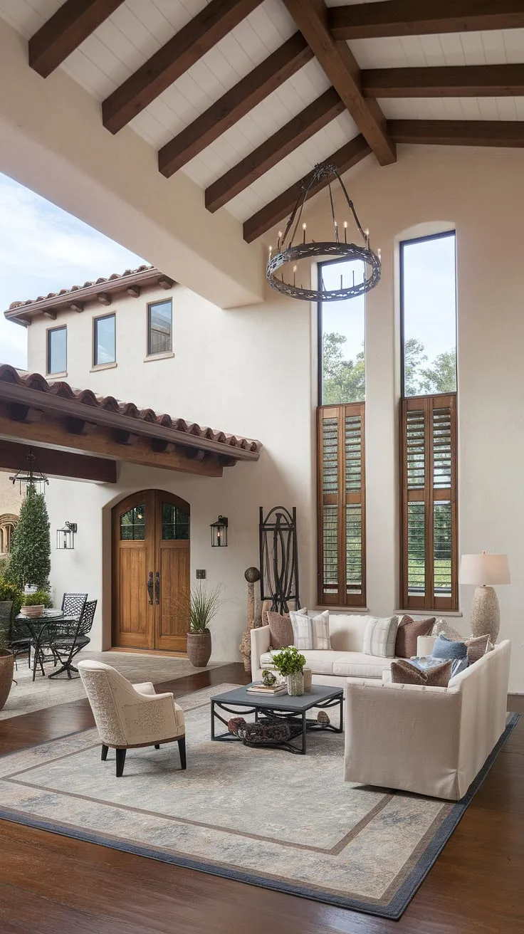 Elegant Spanish-style architecture blends modern design with warm wooden interiors and wrought-iron accents