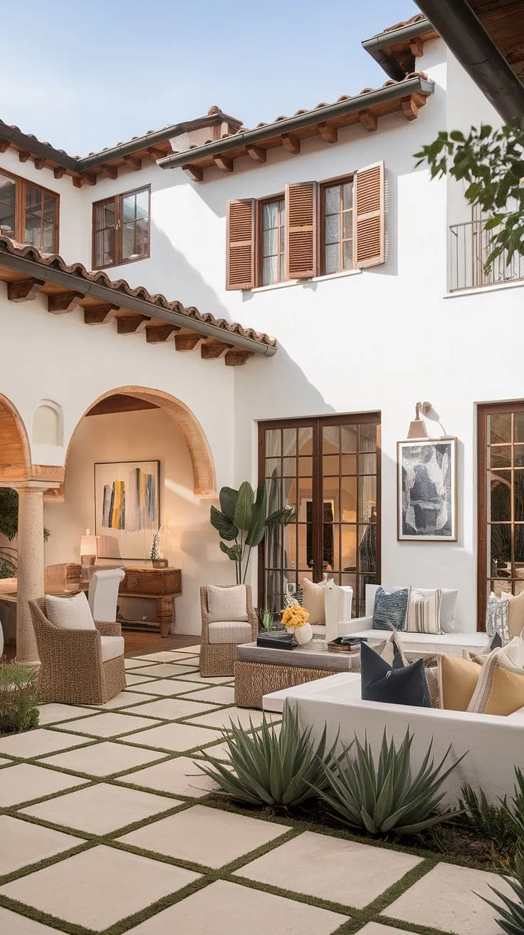 Modern comfort meets classic Spanish design in a sun-drenched home featuring terracotta roofs and arched doorways.