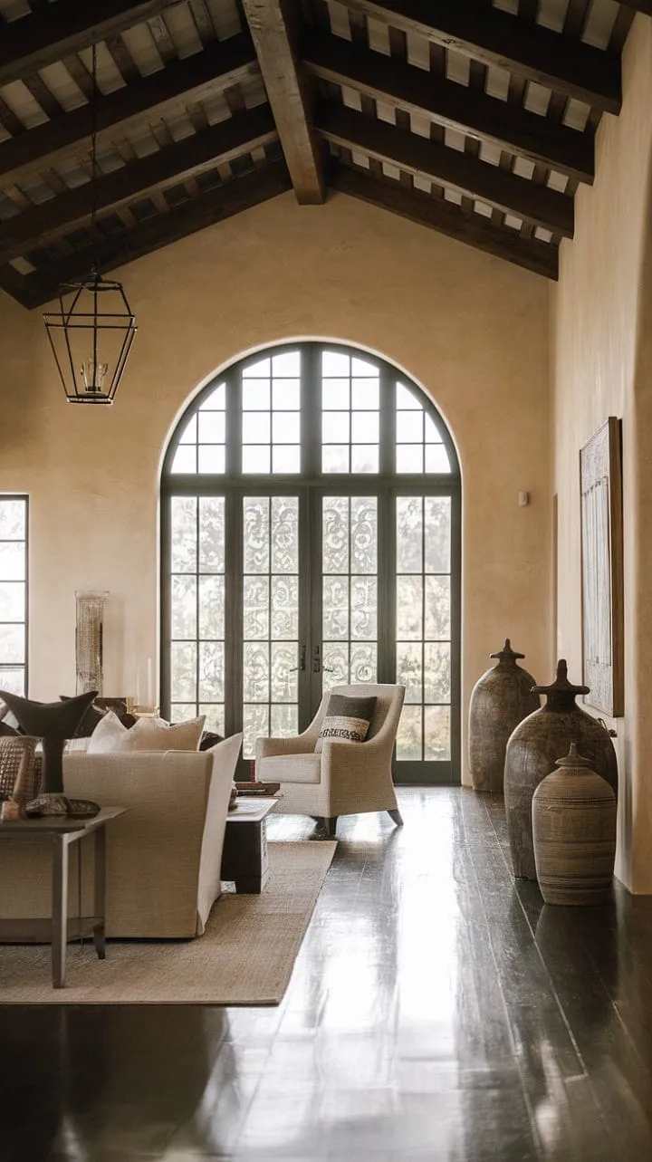 This modern Spanish colonial home harmoniously fuses timeless elegance with contemporary comfort, featuring high ceilings, arched windows, and warm hardwood floors for a serene and sophisticated retreat.