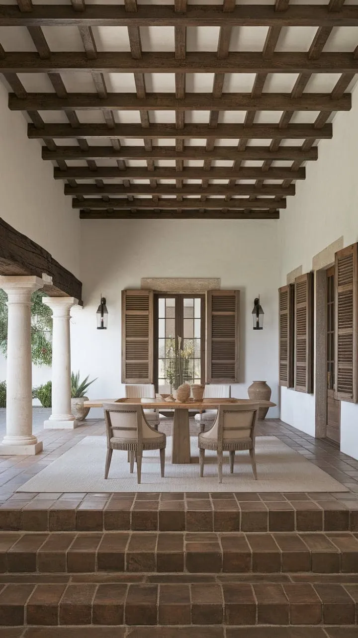 Sunlight dances through weathered shutters, revealing a harmonious blend of rustic Spanish Colonial charm and modern comfort that invites tranquility and reflection.