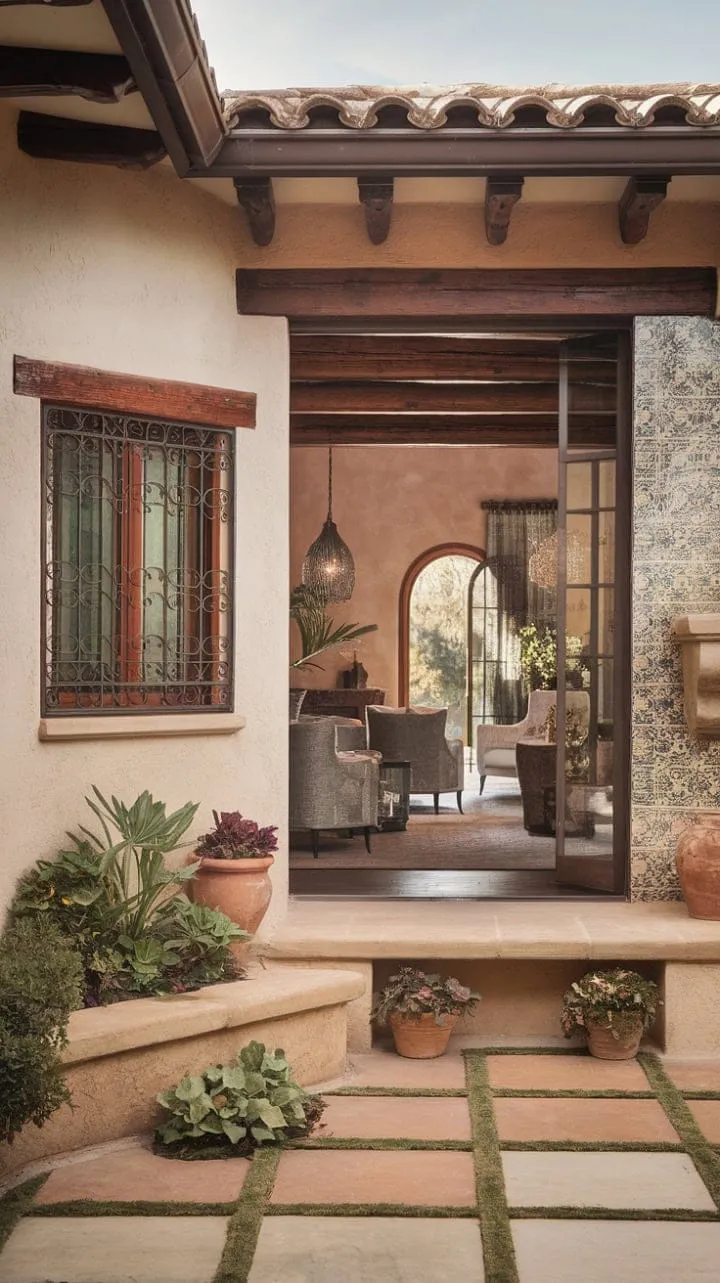 Sunlight dances through wrought-iron windows, revealing a captivating Spanish Colonial home where rustic stone, rich wood, and handcrafted tiles harmonize in timeless elegance.