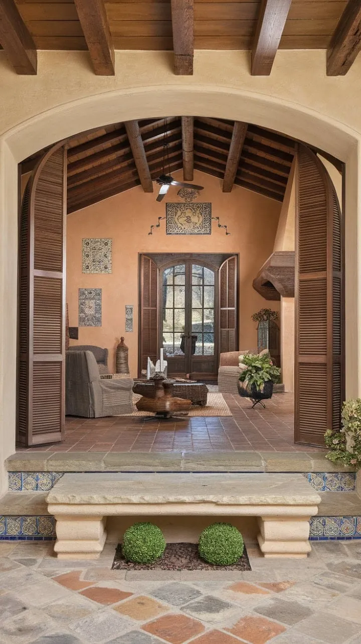 This Spanish colonial living room, with its rustic charm and warm Mediterranean light, serves as a tranquil sanctuary that beautifully blends ancient elegance with inviting comfort.