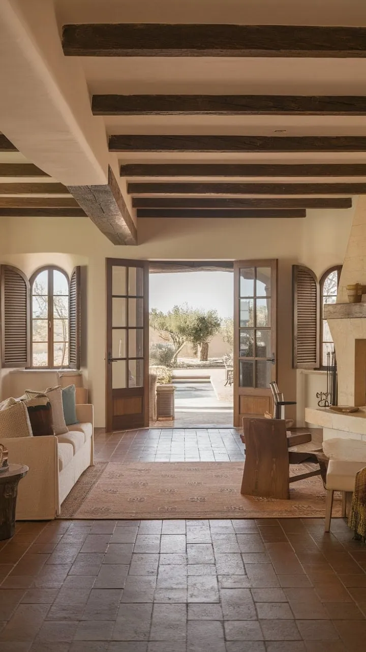 Sunlight dances through wooden shutters, revealing a harmonious blend of rustic charm and timeless elegance in this Spanish-style home, where modern comfort meets traditional artistry.