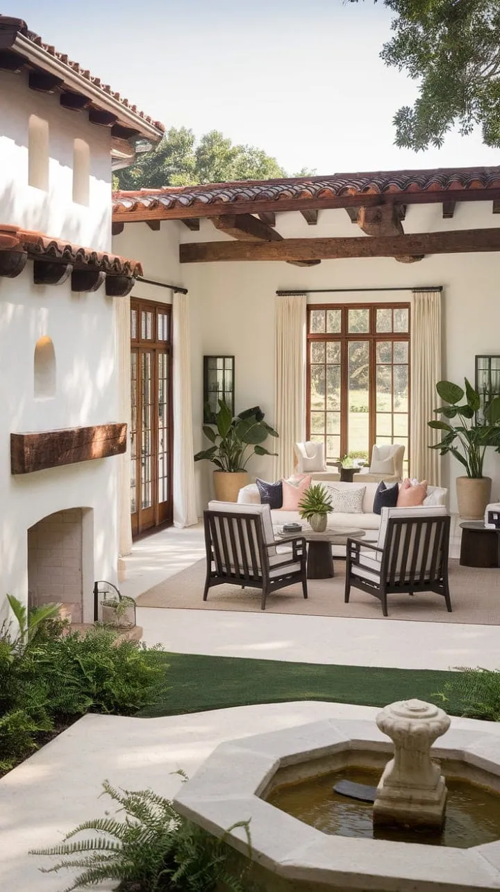 Sunlight dances on dark wood and lush greenery in this Spanish Colonial home, where tranquil outdoor spaces blend history with modern elegance.