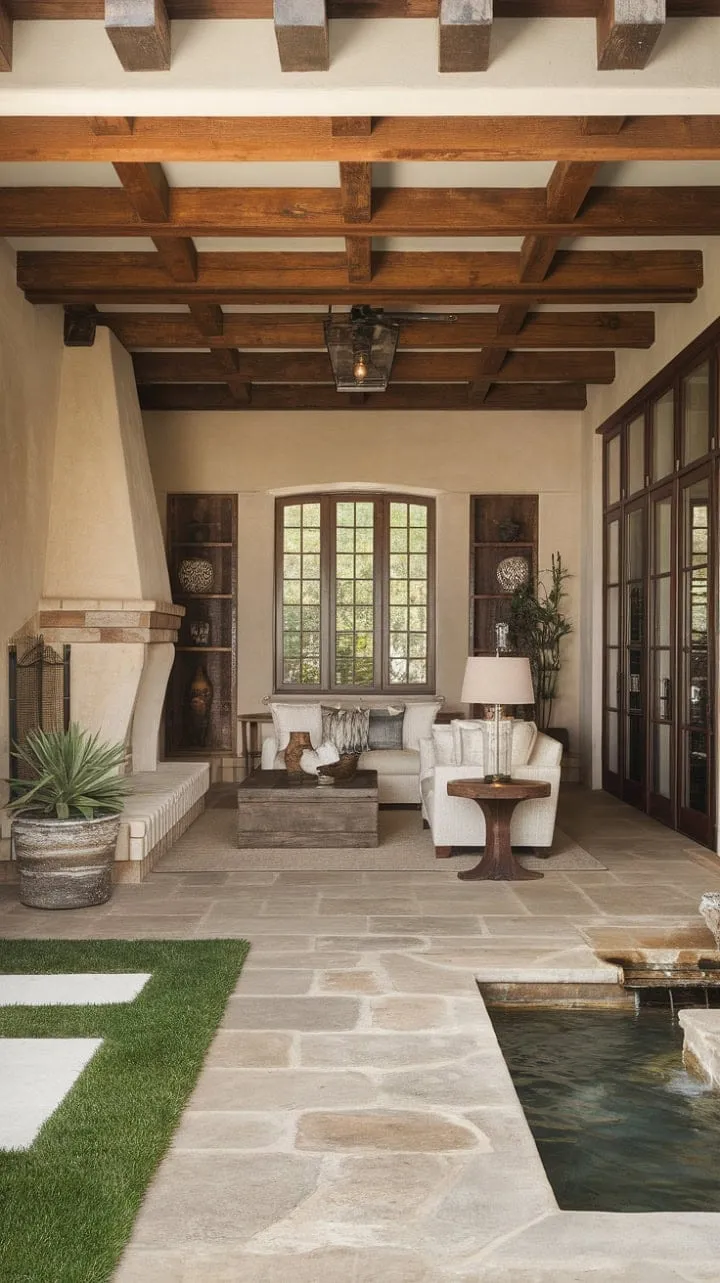 Sunlight dances through gridded windows, casting a warm glow on the rustic Spanish Colonial living room, where a cozy fireplace and serene patio promise a Mediterranean retreat.