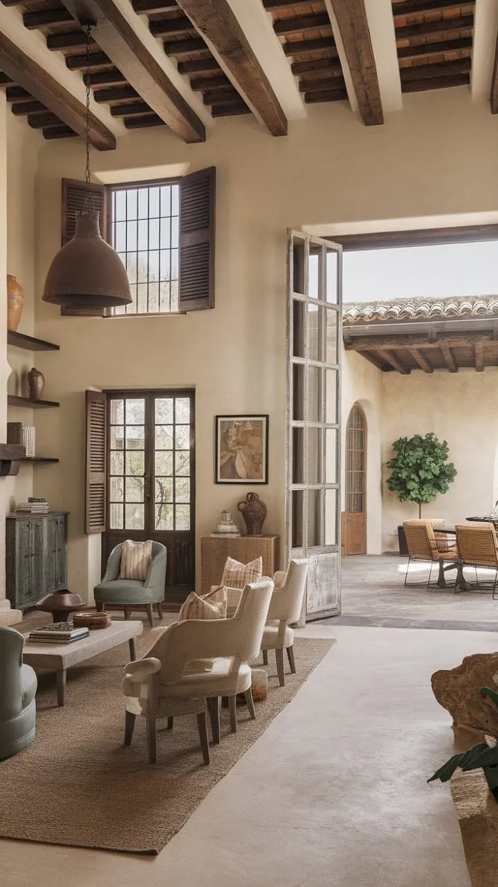 This Spanish Colonial home beautifully blends rustic charm and modern sophistication, featuring high ceilings, exposed beams, and a sun-drenched patio that enhances its indoor-outdoor living experience.
