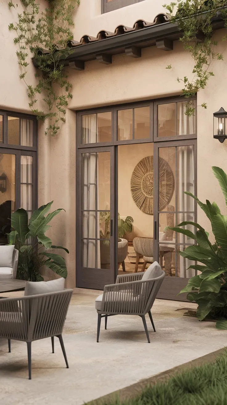A Spanish casita's modern elegance shines through its beige hues, stone floors, and lush greenery.