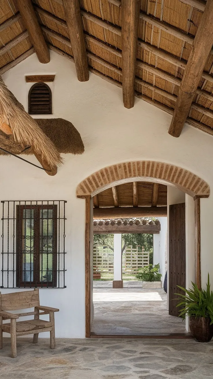 A whitewashed Spanish colonial home, detailed with wooden beams, a thatched roof, and iron-barred windows, showcases authentic Spanish architecture and a tranquil patio.