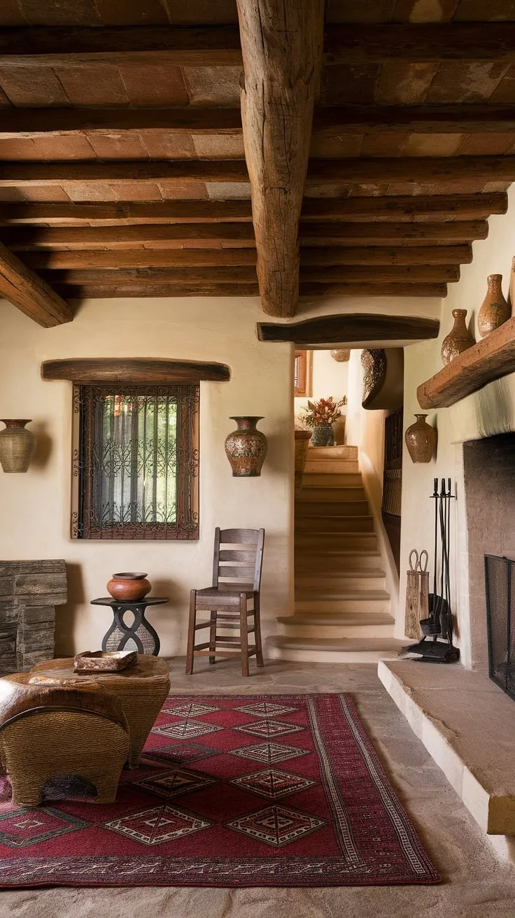Warm lighting illuminates a Spanish colonial home's inviting living room, showcasing its stone fireplace, wooden beams, and traditional pottery