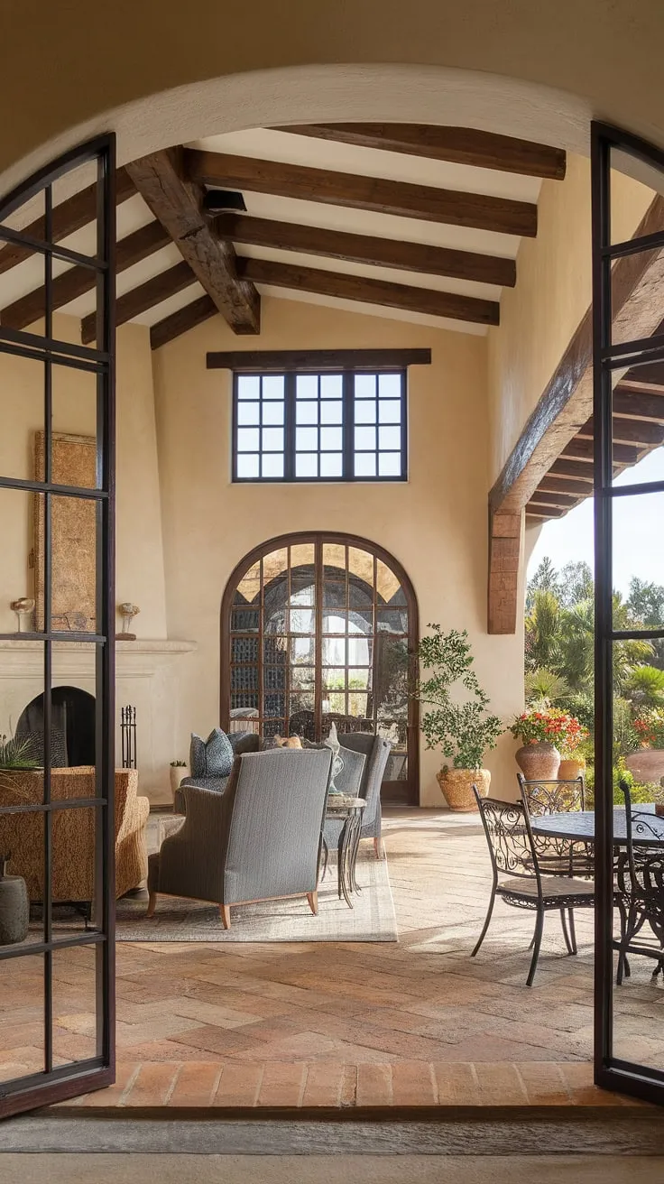 Rustic charm meets modern comfort in this Spanish colonial home, featuring exposed beams, terracotta floors, and a sun-drenched patio.