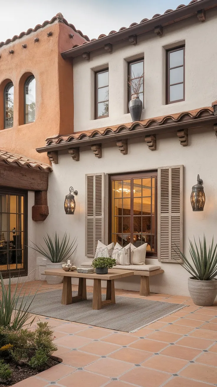 A Spanish colonial home's aged adobe exterior contrasts beautifully with its modern, warm Mediterranean interior.