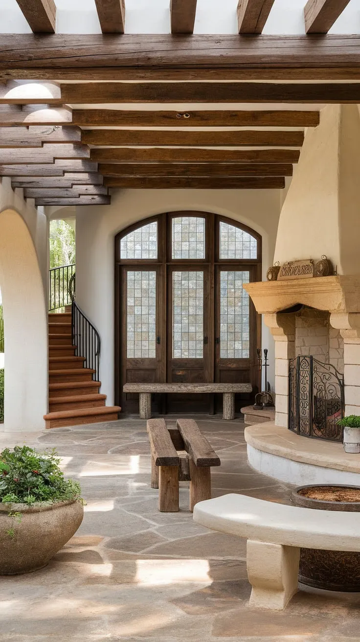 Elegant Spanish colonial architecture blends modern comfort with ancient craftsmanship, showcasing a captivating interplay of textures and styles