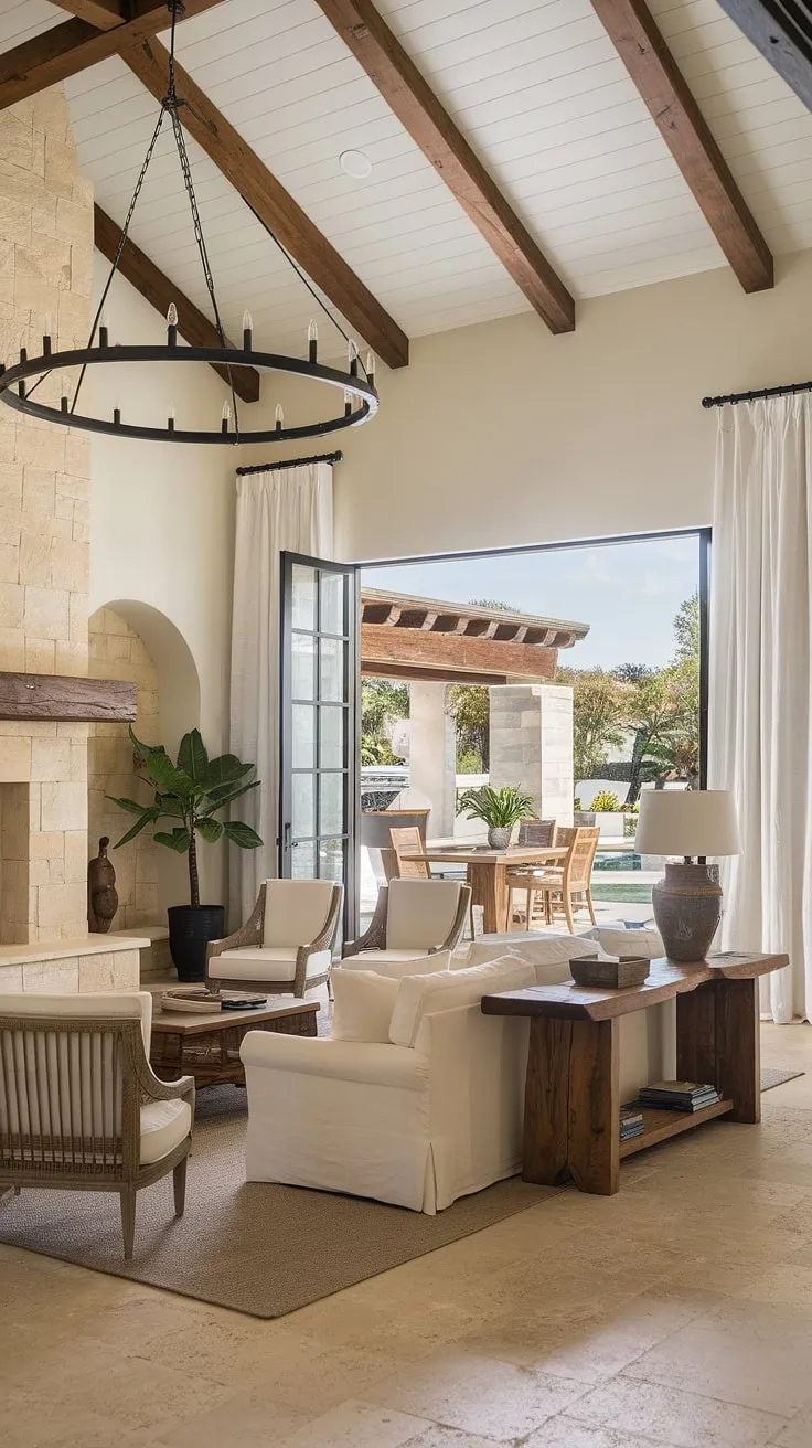 A sun-drenched Spanish home features a sophisticated interior design, seamlessly connecting indoor living to an outdoor oasis.
